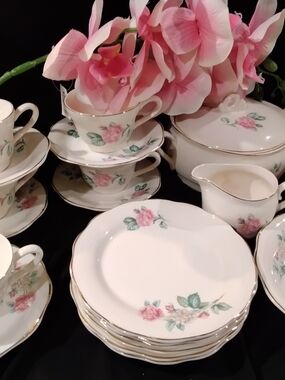 French Saxon  Pink Rose Porcelain Tea Set - White and Pink